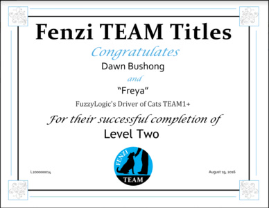 Freya's Fenzi TEAM Level 2 Title Certificate