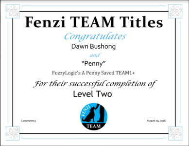 Penny's Fenzi TEAM Level 2 Title Certificate