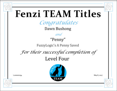 Penny's Fenzi TEAM Level 4 Title Certificate