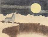 Wolf standing on a cliff howling at the moon
